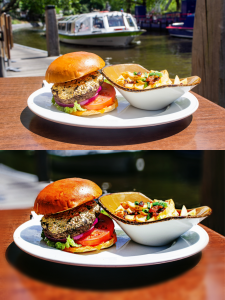 Montagem com 2 fotos do hambúrguer em cima de um prato branco com batatas fritas de acompanhamento mostrando o antes e depois das edições. 