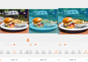 Montagem com 3 fotos do hambúrguer em cima de um prato branco com batatas fritas de acompanhamento usando a ferramenta Bokeh do AirBrush. 