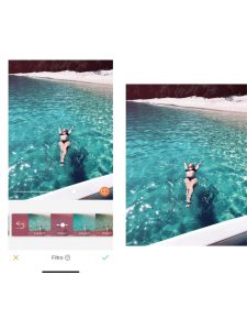antes e depois da foto de uma mulher nadando no mar sendo que uma das fotos está sendo utilizado o filtro Vision do AirBrush