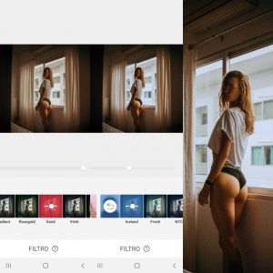 Montagem mostrando como editar a foto da mulher posando em frente a janela usando as ferramentas do AirBrush