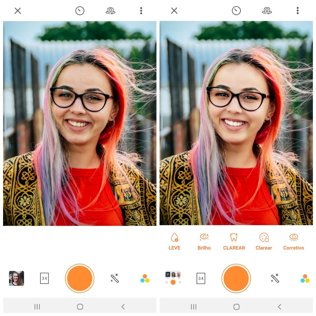 Tutorial de edição de uma foto de uma mulher branca sorrindo para a foto com cabelo colorido usando as ferramentas do AirBrush 