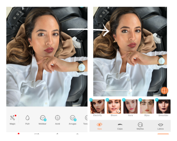 Un collage con un antes y un después del maquillaje de una chica de cabello oscuro, cabello negro y ojos negros. Usando la aplicación AirBrush.