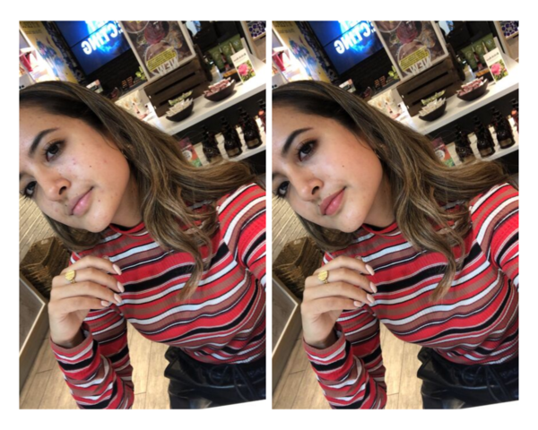 Un collage con un antes y un después del maquillaje de una chica de cabello oscuro, cabello negro y ojos negros. Usando la aplicación AirBrush. Vistiendo una blusa roja de manga larga.