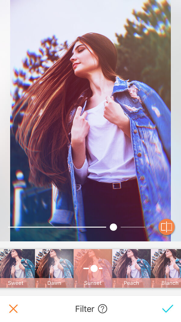A picture of a brunette being edited with the Sunset Filter, by AirBrush 
