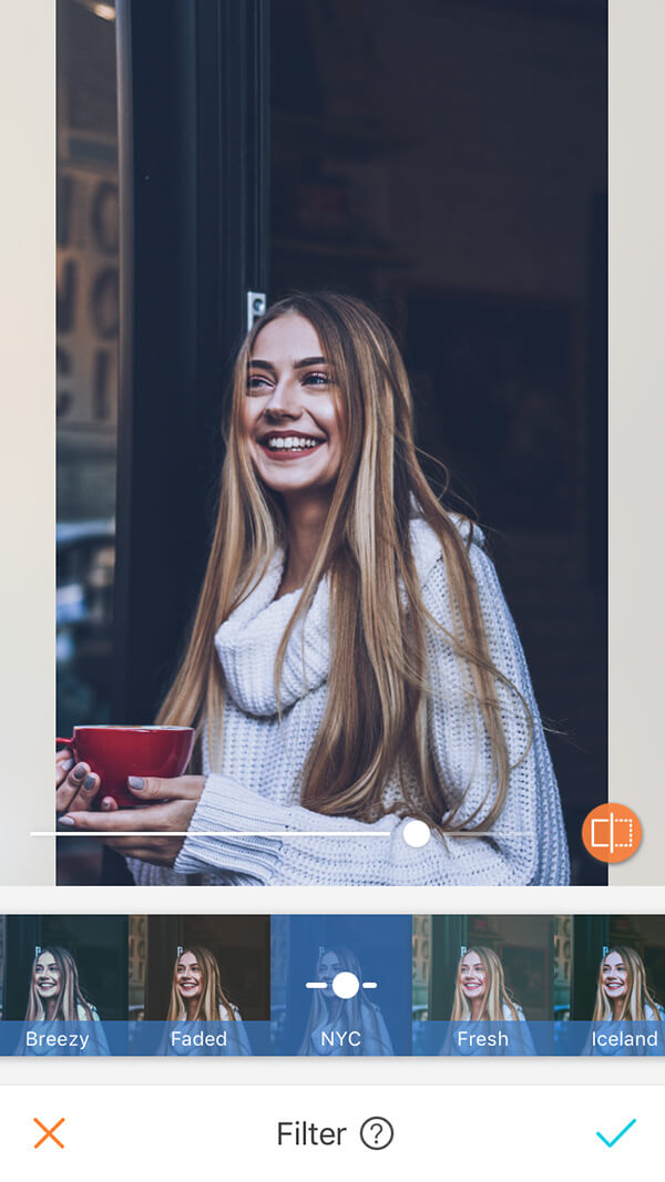 A picture of a blonde woman being edited with the NYC Filter, by AirBrush 