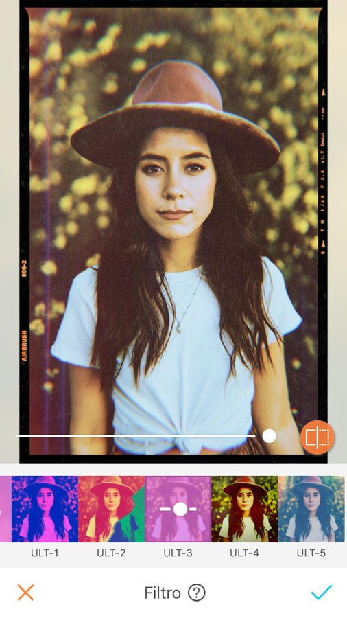 edición de foto de mujer con sombrero y playera blanca, aplicando filtro de estilo foto analógica