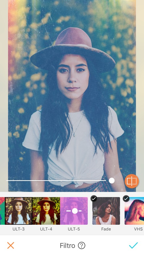 edición de foto de mujer con sombrero y playera blanca, aplicando filtro de colores, estilo Pop
