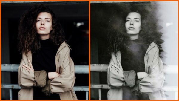 Montagem com 2 fotos de uma mulher com braços cruzados mostrando o antes e depois ao usar o filtro Timber
