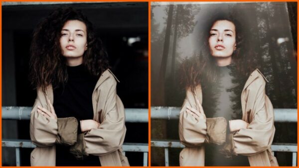 Montagem com 2 fotos de uma mulher com braços cruzados mostrando o antes e depois ao usar o filtro Redwood