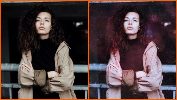 Montagem com 2 fotos de uma mulher com braços cruzados mostrando o antes e depois ao usar o filtro Galaxy