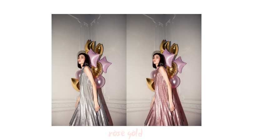 side by side photos of a woman wearing a silver and pink gown