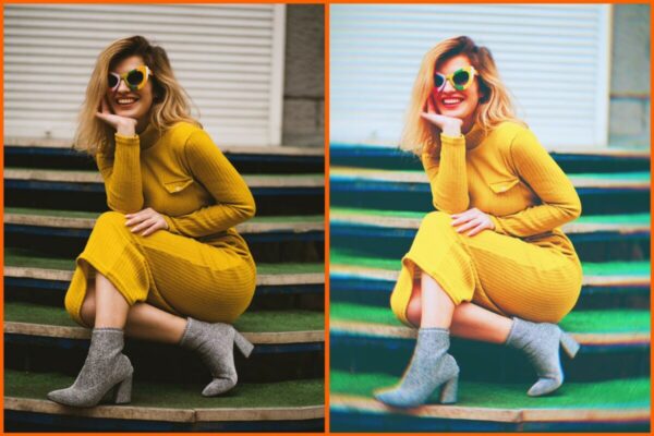 Montagem com 2 fotos da mesma mulher posando sentada com um vestido amarelo mostrando o antes e o depois da edição. 