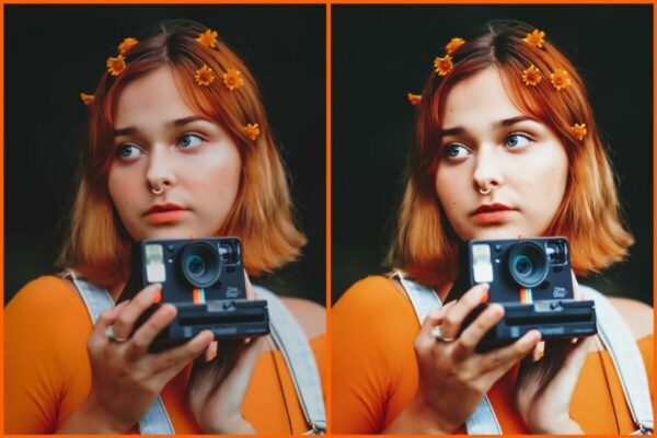 antes e depois da foto de uma mulher ruiva, segurando uma máquina polaroid sendo que uma foto está com o filtro FZ-1 do AirBrush