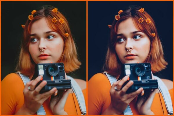 antes e depois da foto de uma mulher ruiva, segurando uma máquina polaroid sendo que uma foto está com o filtro FZ-2 do AirBrush
