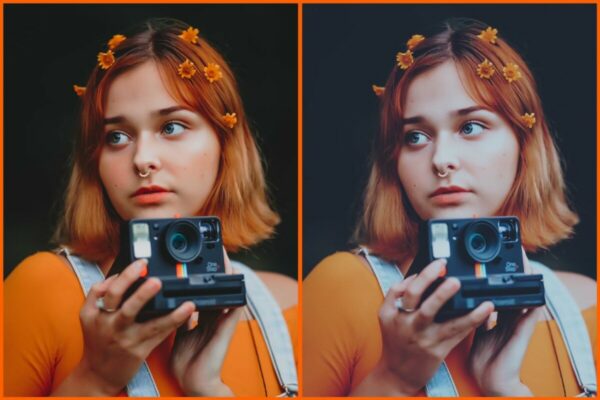 antes e depois da foto de uma mulher ruiva, segurando uma máquina polaroid sendo que uma foto está com o filtro FZ-3 do AirBrush