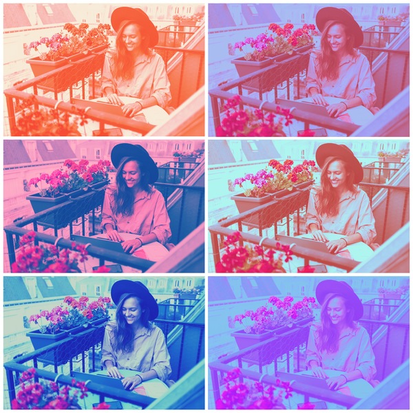 Collage de fotos de mujer rubia con sombrero trabajando en un balcón en Paris. Son 6 fotos, cada imagen tiene un filtro de color distinto.