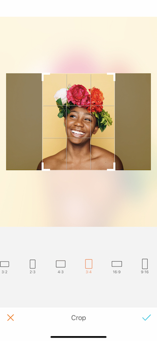 Picture of bald black woman with a crown of flowers being edited by AirBrush with the Crop Tool