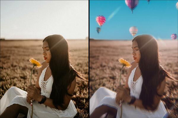 Montagem com 2 fotos da mesma mulher sentada em um campo aberto com um girassol na mão. Foto 1 original e Foto 2 com balões adicionados em uma edição do AirBrush.
