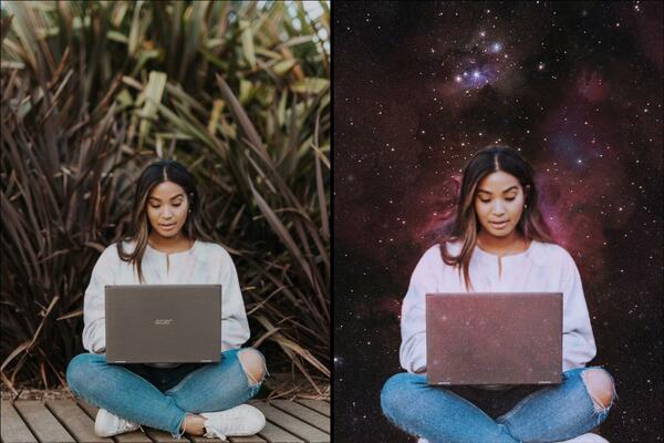 Montagem com 2 fotos da mesma mulher usando o computador mostrando o antes e depois da edição. 