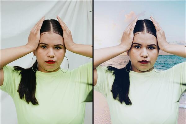 Montagem com 2 fotos da mesma mulher com as mãos na cabeça mostrando o antes e depois da edição. 