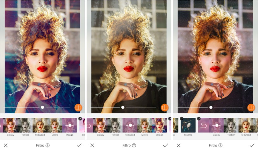 mujer antes y después de aplicar diferentes filtros