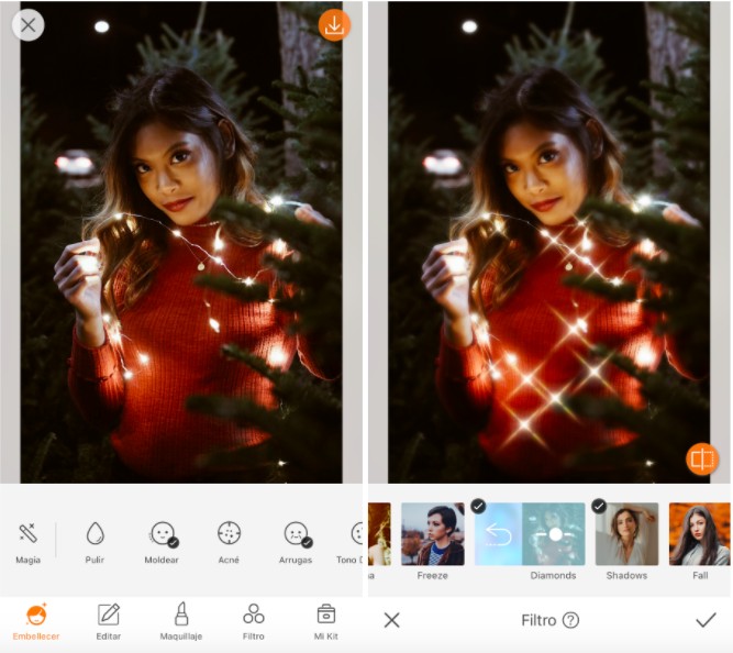 mujer con luces navideñas en fotos con vibras de invierno
