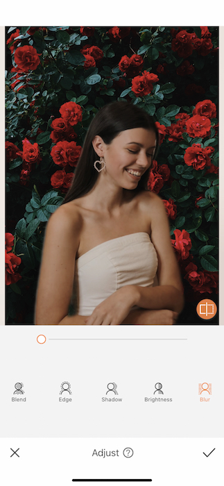 Picture of a brunette with flowers in the background being edited by AirBrush with Background Tool