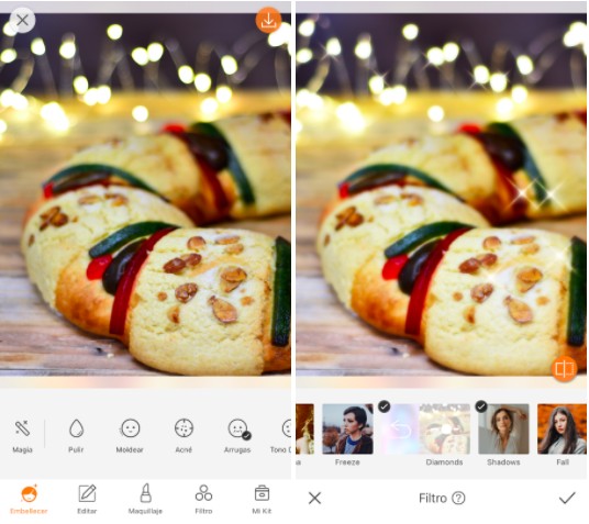 Un collage con la imagen de un pretzel con luces navideñas, editado con la herramienta Filtro de AirBrush.