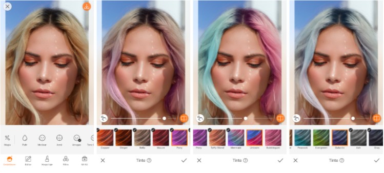Una imagen con 4 fotos usando la aplicación AirBrush, que muestra varios tipos de colores de cabello en una modelo rubia con la mirada baja.