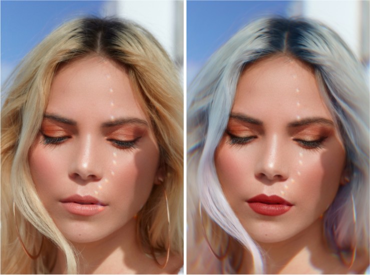 Un antes y un después de una modelo rubia, mostrando cómo se maquilló y un nuevo color usando AirBrush.