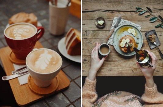 fotografía de un brunch con café y hotcakes
