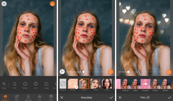 Un montaje con tres imágenes con una foto de una chica rubia, editada con AirBrush, poniendo filtros de corazones.