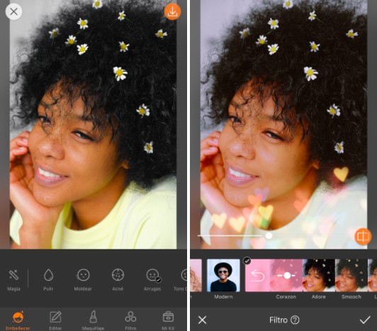 Un montaje con dos imágenes con una foto de una chica de pelo rizado, editada con AirBrush, poniendo filtros de corazones.