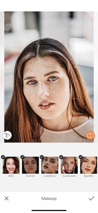 Picture of a white woman with freckles being edited by AirBrush with makeup tool