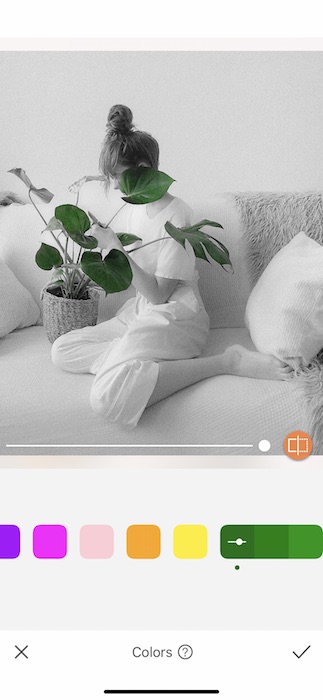 black and white photo of a woman sitting on a white couch holding a plant