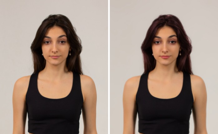 Un antes y un después de una mujer morena con cabello lacio, sin maquillaje usando la herramienta AirBrush Color.