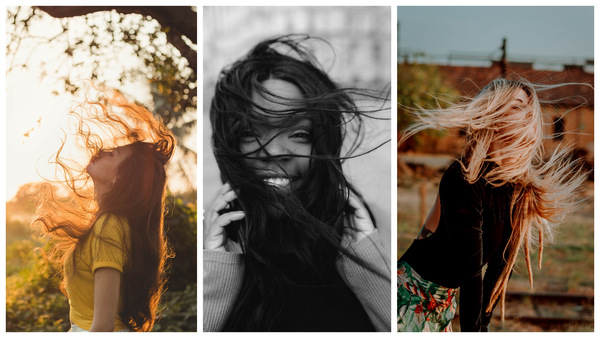 trio de fotos com mulheres com cabelos esvoaçantes