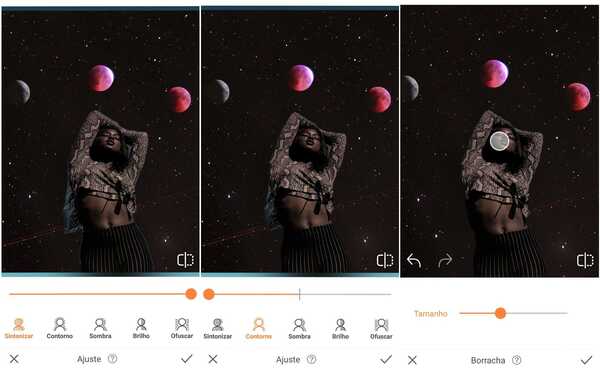 Foto de uma mulher negra de pé com uma galáxia como plano de fundo alterado pelo app AirBrush