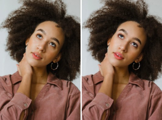 Dos fotos que muestran el antes y después de aplicar maquillaje a una mujer morena de cabello chino 