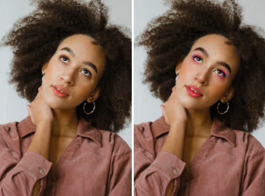 Dos fotos que muestran el antes y después de aplicar maquillaje de arcoíris a una mujer morena de cabello chino 