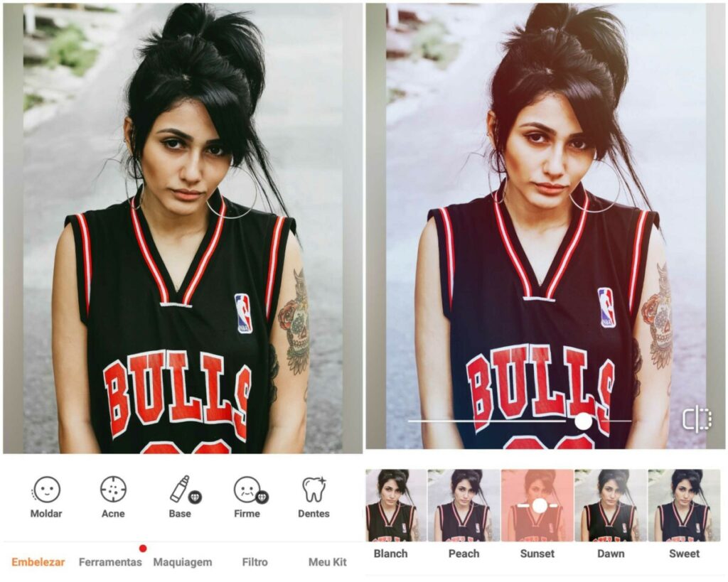 Montagem de duas fotos com a mesma mulher usando uma regata do time Bulls, de basquete.  Foto 1 sem edição e na foto 2 com o filtro Sunset do AirBrush