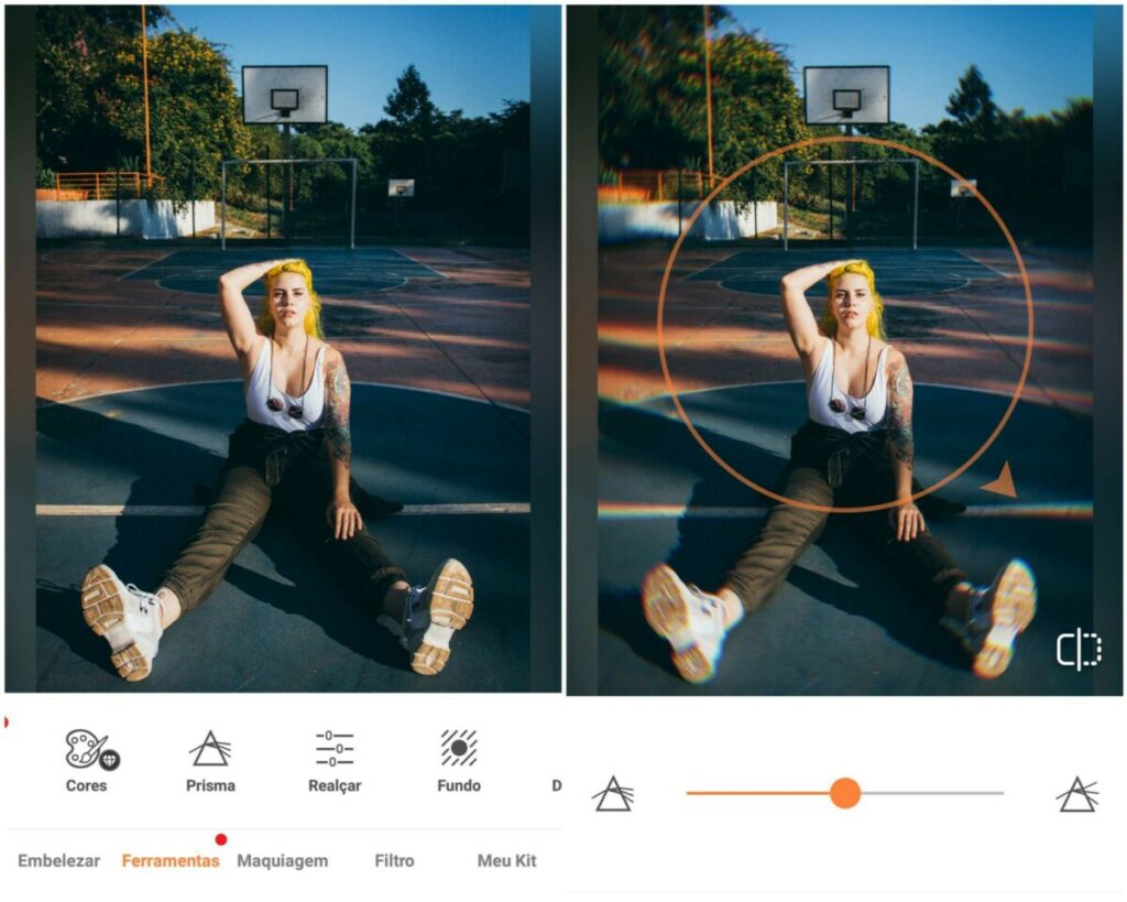 Montagem de duas fotos com a mesma mulher sentada em uma quadra de basquete com a mão no cabelo. Foto 1 sem edição e foto 2 com a edição Prisma do AirBrush
