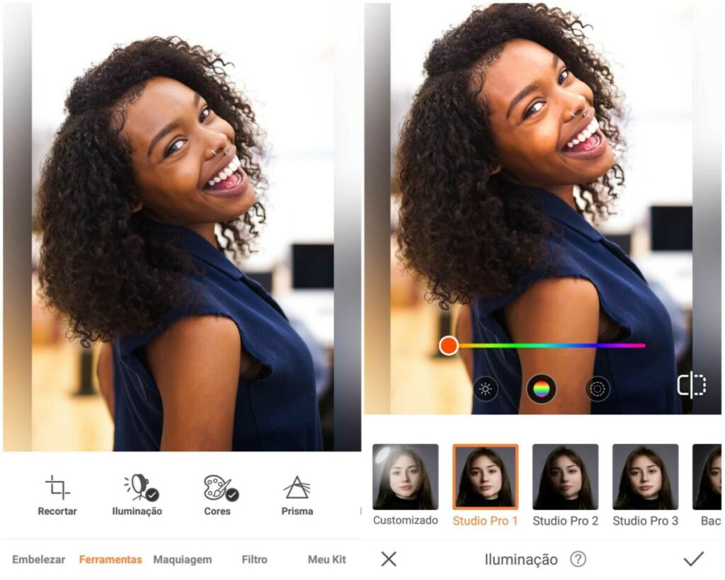 Foto de uma mulher negra de blusa azul sendo editada no app AirBrush