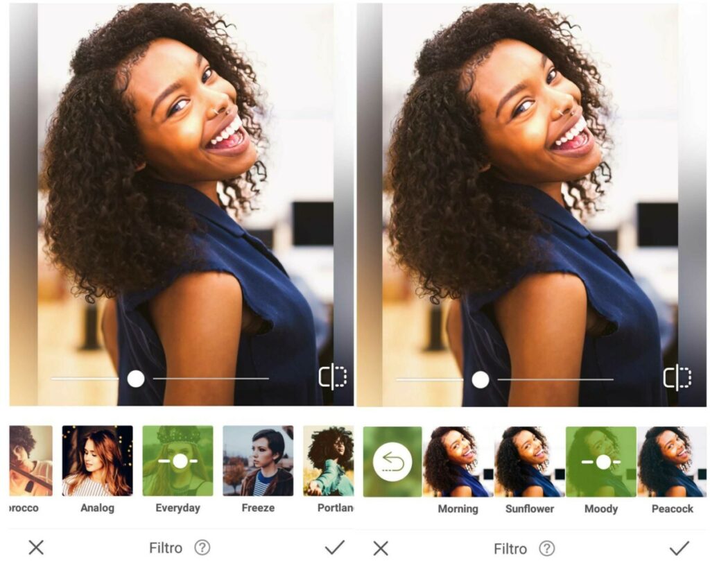 Foto de uma mulher negra de blusa azul sendo editada no app AirBrush