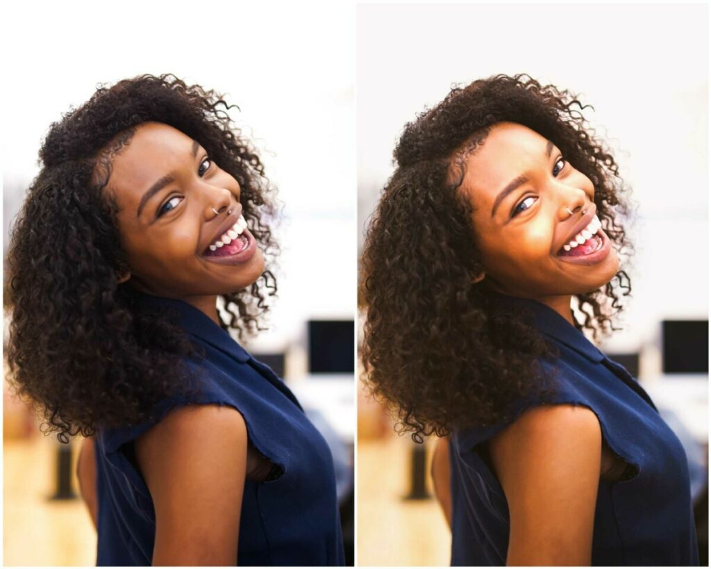 Imagem mostrando o antes e o depois da foto de uma mulher negra de blusa azul após edição no app AirBrush