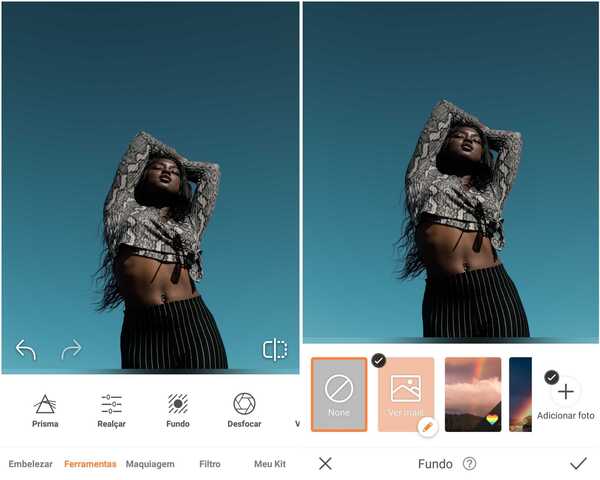 Foto de uma mulher negra de pé em um fundo azul sendo editada no app AirBrush
