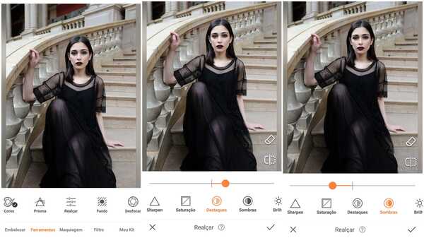 Foto de uma garota de vestido preto sentada numa escadaria sendo editada pelo app AirBrush