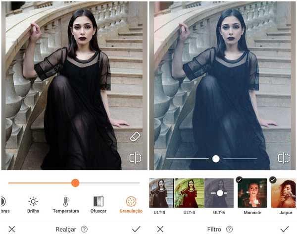 Foto de uma garota de vestido preto sentada numa escadaria sendo editada pelo app AirBrush