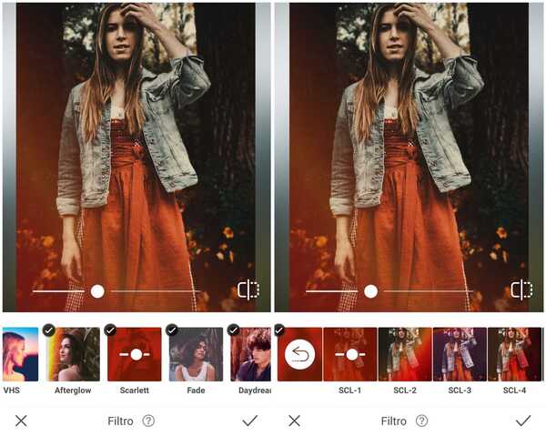 Foto de uma garota de vestido vermelho e jaqueta jeans sendo editada no app AirBrush