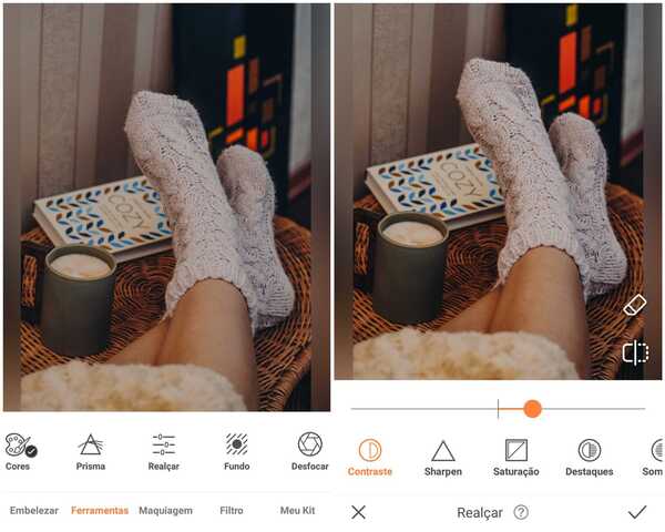 Foto de pés com meias sendo editada no app AirBrush